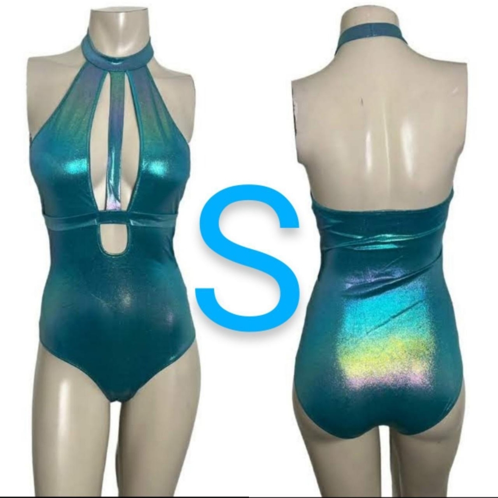 🆕Rave Girl Metallic Aqua Halter Neck Bodysuit~ Size S